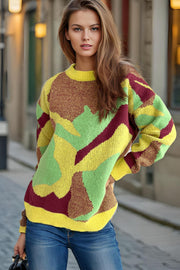 Geometric knit crewneck sweater with colorblock pattern in yellow, green, and burgundy acrylic.