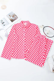 Pleated pink and white checkered lounge set with collared shirt and pants.