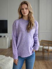 Lavender textured knit crew neck pullover sweater with ribbed cuffs and hem