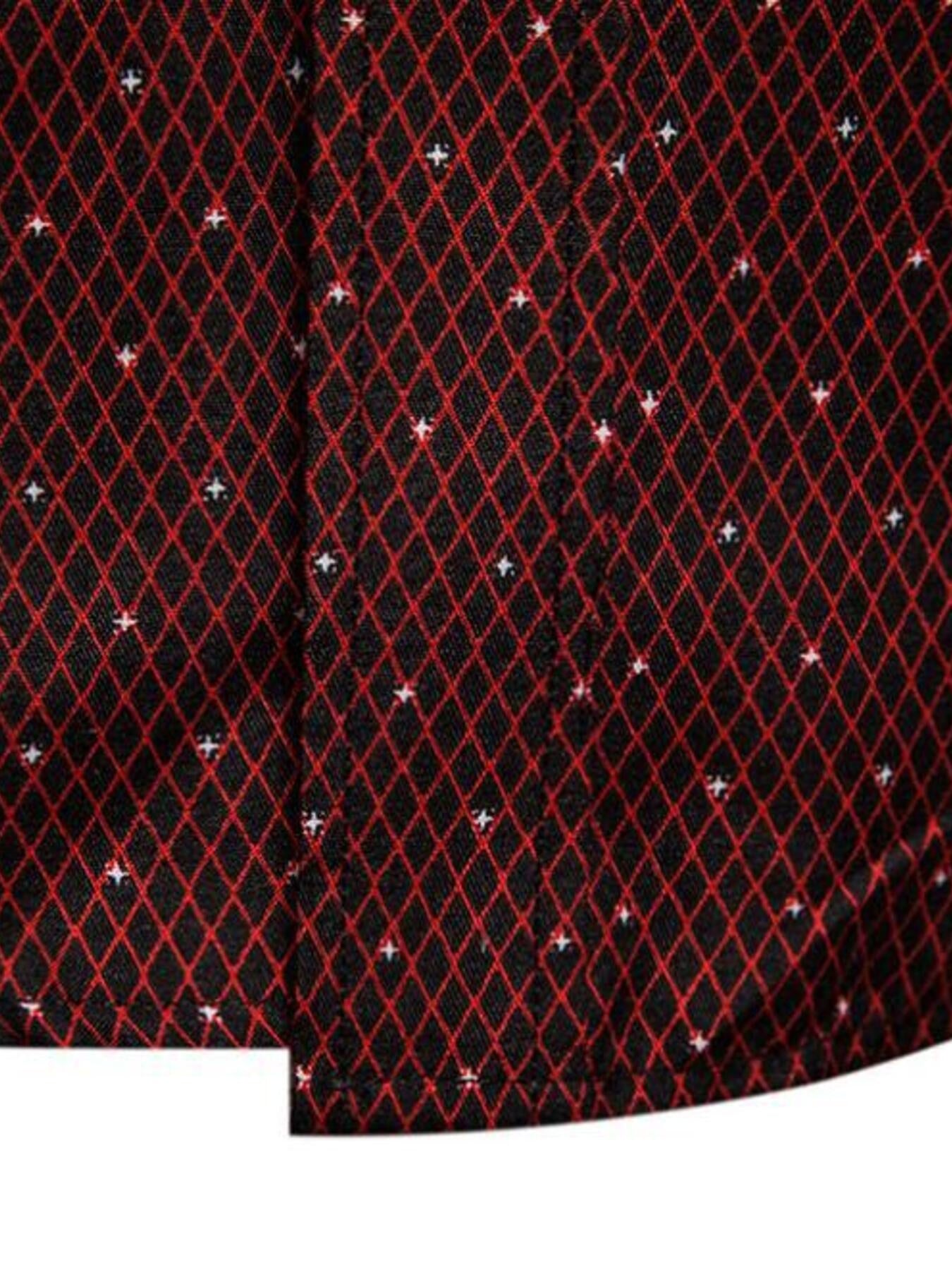 Men's black short sleeve shirt with red diamond pattern and white dots