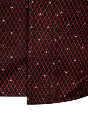 Men's black short sleeve shirt with red diamond pattern and white dots
