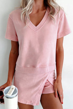 Blush pink cotton skort set with V-neck top and wrap skort detail