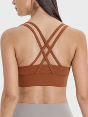 Crisscross back performance bra in caramel with strappy detail