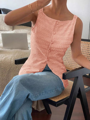 Wavy textured button-front tank top in light pink with a square neckline.