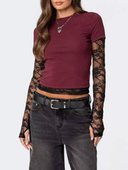 Wine red cropped t-shirt with black lace sleeves and trim