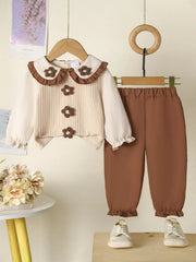 Baby girls' tan floral applique ruffle two-piece set with cream knit top and long sleeves