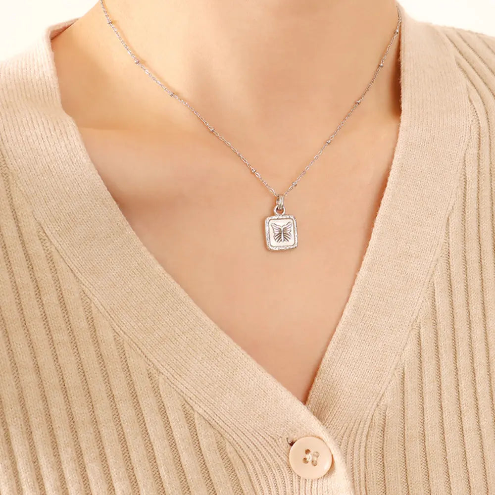 Silver butterfly inlay square pendant necklace with adjustable chain