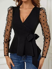 Polka Dot Mesh Sleeve Wrap Top in Black, front view