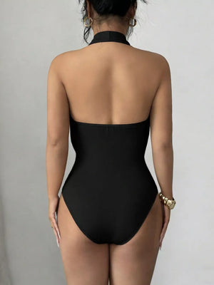 Black halter neck cutout ruched bodysuit with high leg cut.