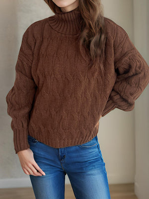 Oversized cable knit turtleneck sweater in chocolate brown with textured knit details.