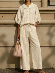 Full Size Plaid Button Up Shirt And Pants Set Plus Size, back view