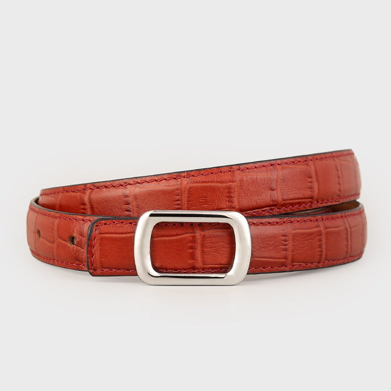 Red crocodile textured cowhide leather belt with silver buckle