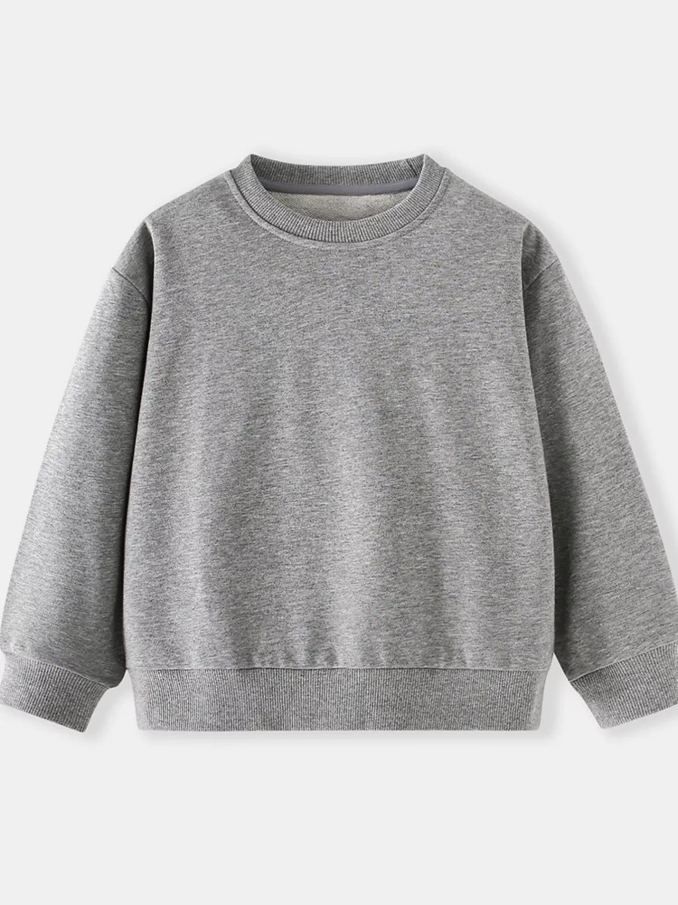 Gray crew-neck sweatshirt for kids, long sleeves, ribbed cuffs and hem
