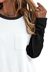 White long sleeve t-shirt with black sleeves, round neck, and chest pocket.