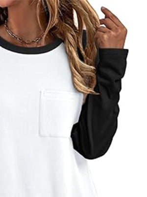 White long sleeve t-shirt with black sleeves, round neck, and chest pocket.