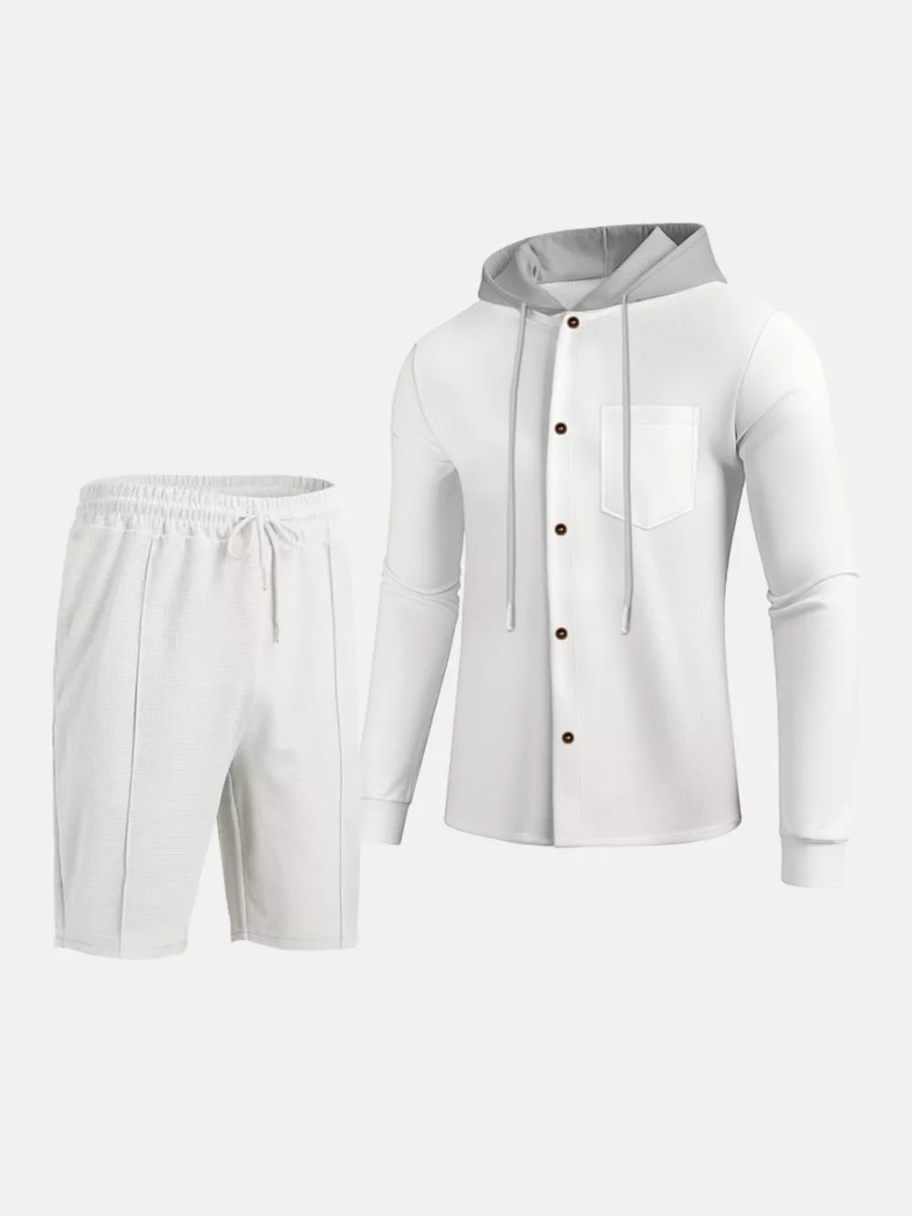 Men's Casual Hooded Button-up Shirt And Shorts Set, model styling view