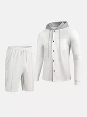 Men's Casual Hooded Button-up Shirt And Shorts Set, model styling view