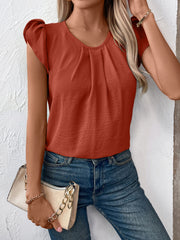 Terracotta pleated yoke flutter sleeve blouse with scoop neck.