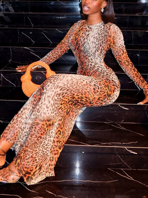 Leopard Print Mesh Maxi Dress in Leopard Print, fabric detail