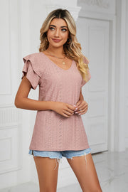 Blush pink eyelet knit v-neck blouse with flutter sleeves