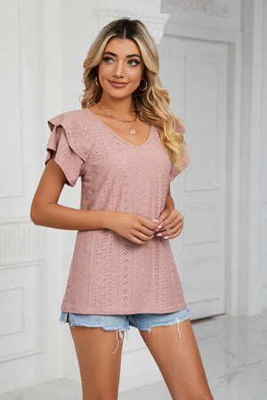Blush pink eyelet knit v-neck blouse with flutter sleeves