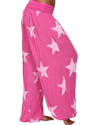 Hot Pink star print harem trousers with gathered waist