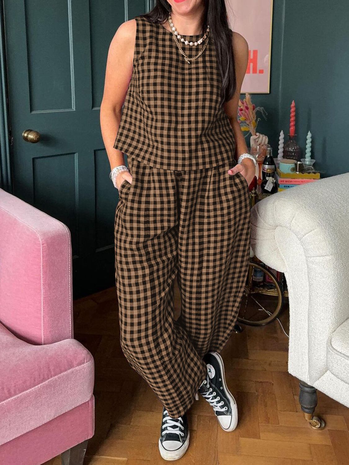 Gingham cropped tank and tapered trousers set in caramel and black, with pockets.