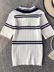 White cable knit polo t-shirt with navy stripes and collar.