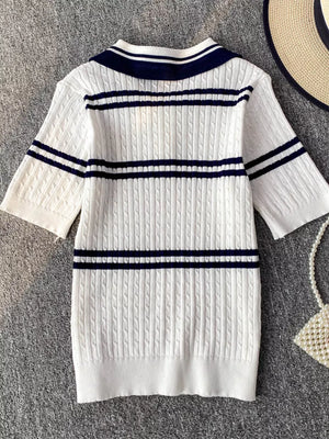 White cable knit polo t-shirt with navy stripes and collar.