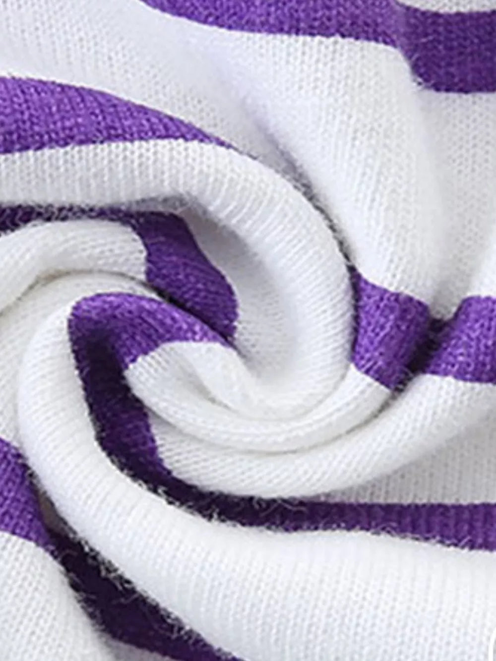 Baby dress with purple and white stripes, cotton knit fabric detail.