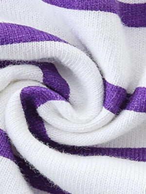 Baby dress with purple and white stripes, cotton knit fabric detail.