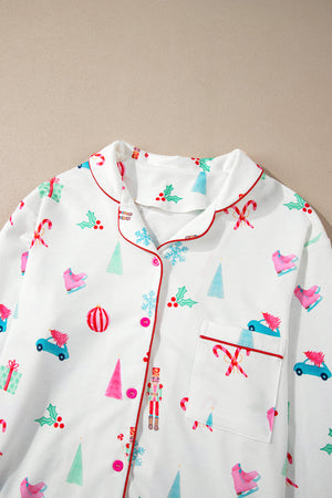 White pajama set with festive Christmas print and contrast trim.