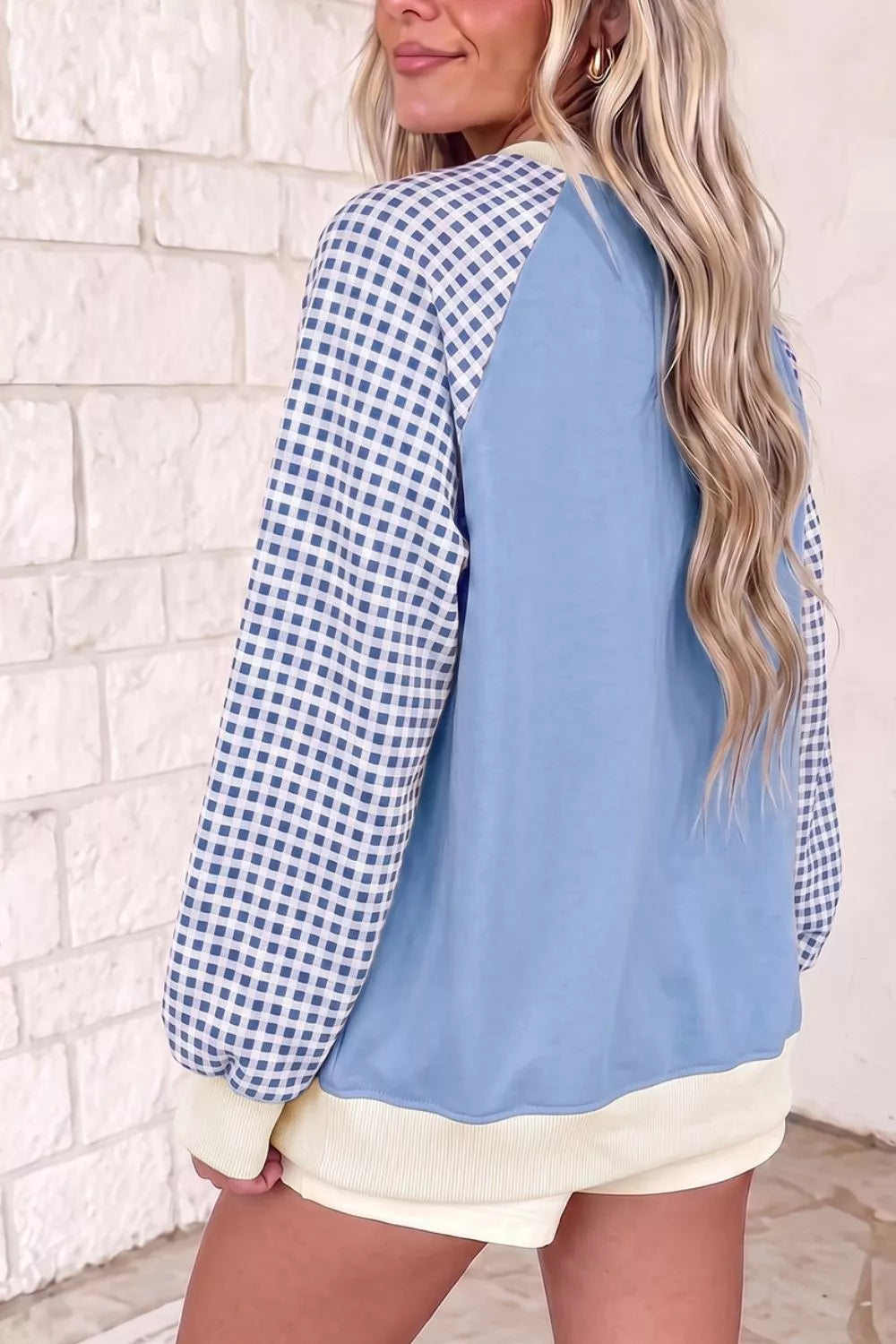 Plaid Raglan Sleeve Sweatshirt in Light Blue, side view