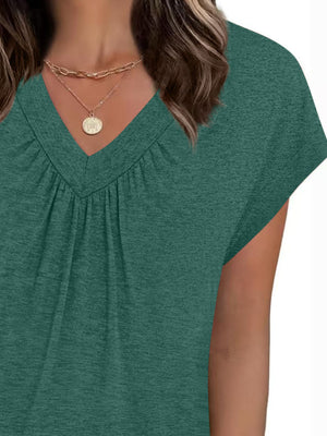 Dark green ruched V-neck t-shirt with short sleeves and a relaxed fit.