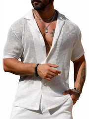 White open-knit resort shirt with camp collar and short sleeves