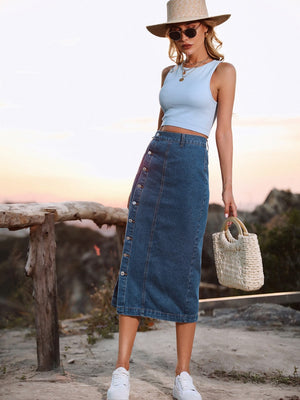 Button-front denim midi skirt in French Blue with a straight cut and button detailing down the side.