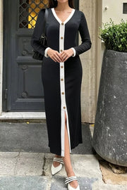 Contrast Trim V-neck Knit Dress in Black, close-up detail