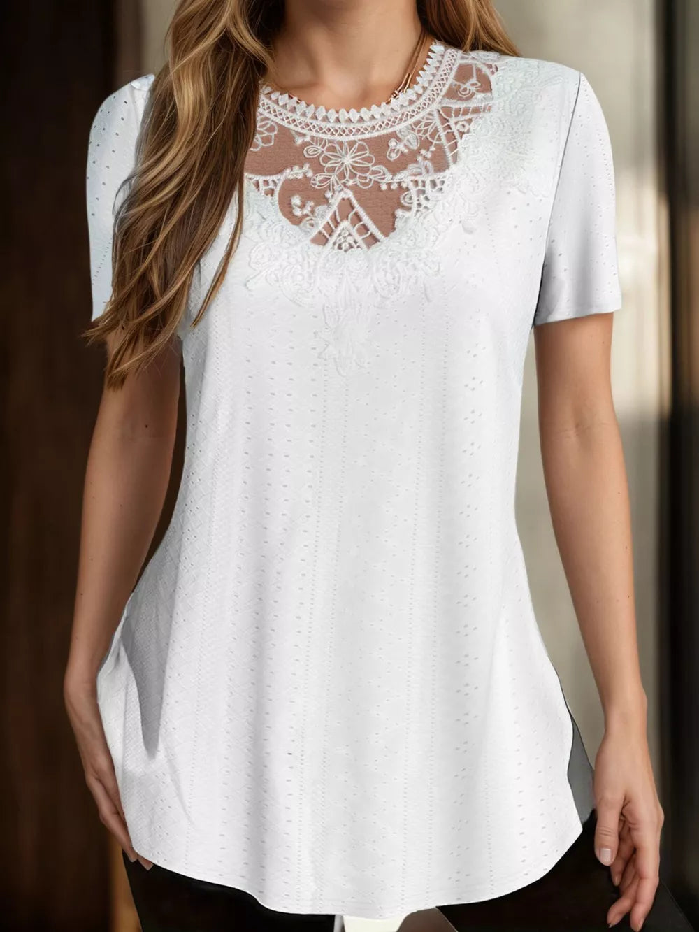 White maternity t-shirt with short sleeves and delicate lace yoke detail