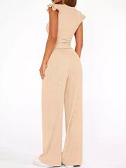 Apricot ruffled cap sleeve maternity set with wide leg pants