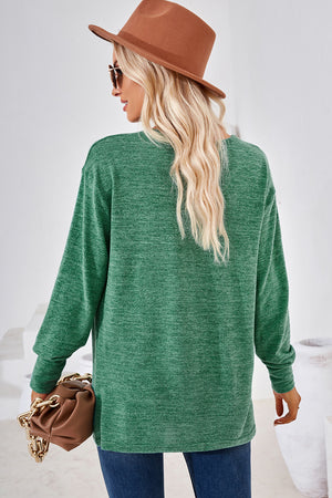Green relaxed V-neck tunic top with long sleeves and a heathered texture.
