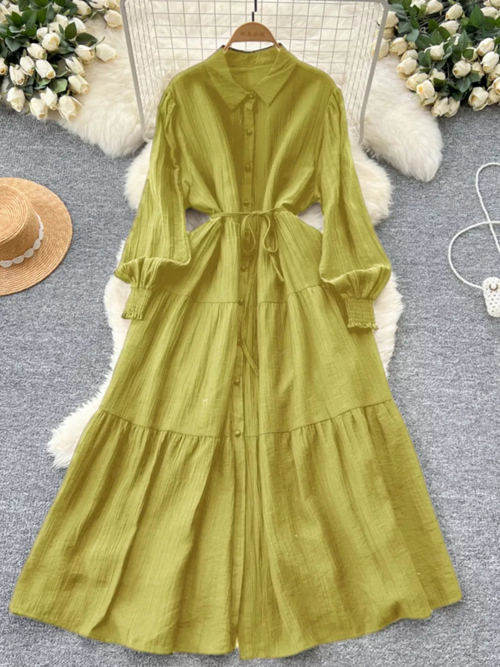 Yellow-green textured tiered long sleeve button-down midi dress with tie waist