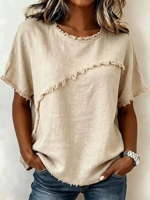 Khaki relaxed-fit short sleeve shirt with frayed asymmetrical neckline and hem.