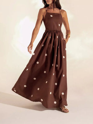 Brown polka dot maxi dress with pockets, square neck, spaghetti straps, ankle length.