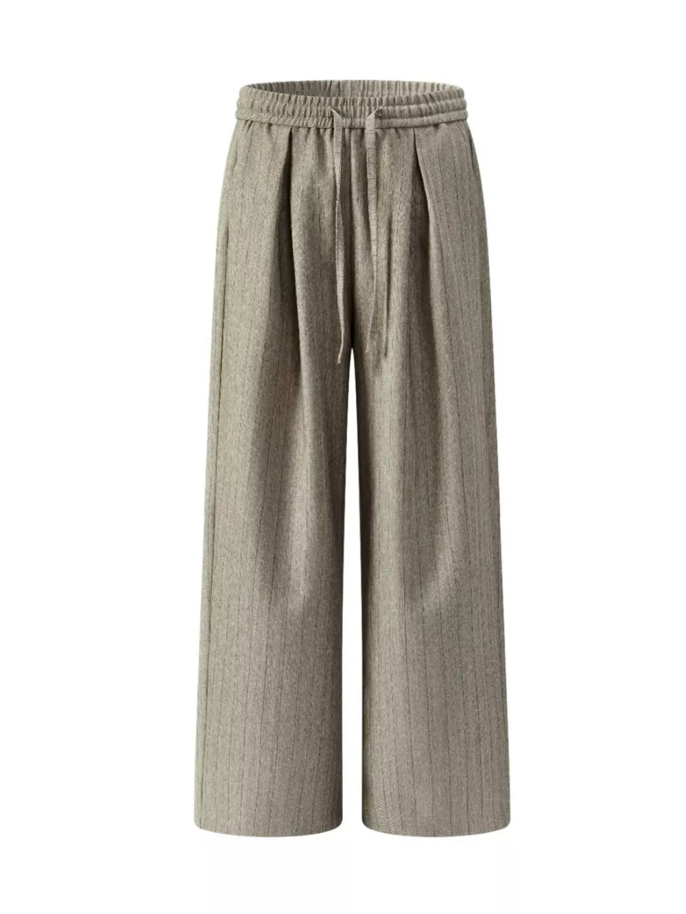 Khaki wide-leg pleated trousers for men with drawstring waist and vertical pinstripe detail.
