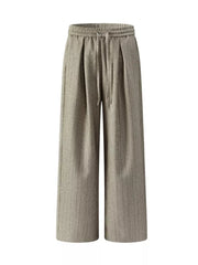 Khaki wide-leg pleated trousers for men with drawstring waist and vertical pinstripe detail.