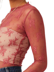 Burgundy floral lace illusion mock neck blouse with long sleeves.