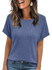 Light blue ribbed knit maternity t-shirt with short sleeves and a crew neck.