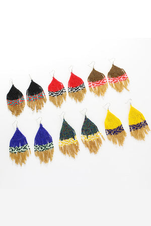 Geometric fringe beaded earrings in multicolor, red, gold, royal blue, black, and yellow.