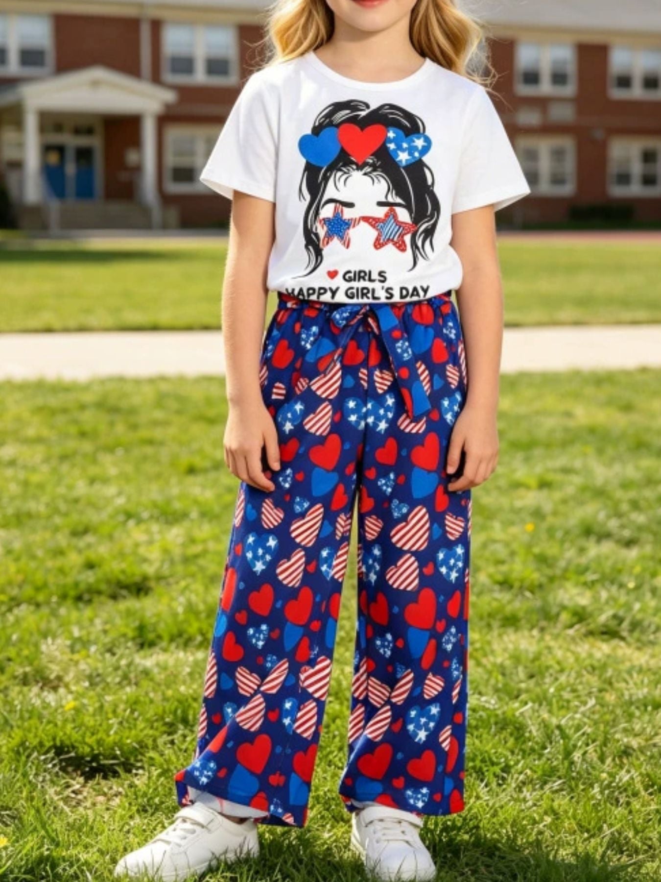 Girls patriotic graphic tee and wide leg pants set with hearts and stars pattern.