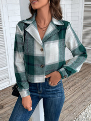 Green plaid cropped shirt jacket with statement collar and button front.
